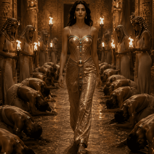 Seraphina fantasy sex doll walking through an ancient Egyptian temple with cinematic priestess atmosphere
