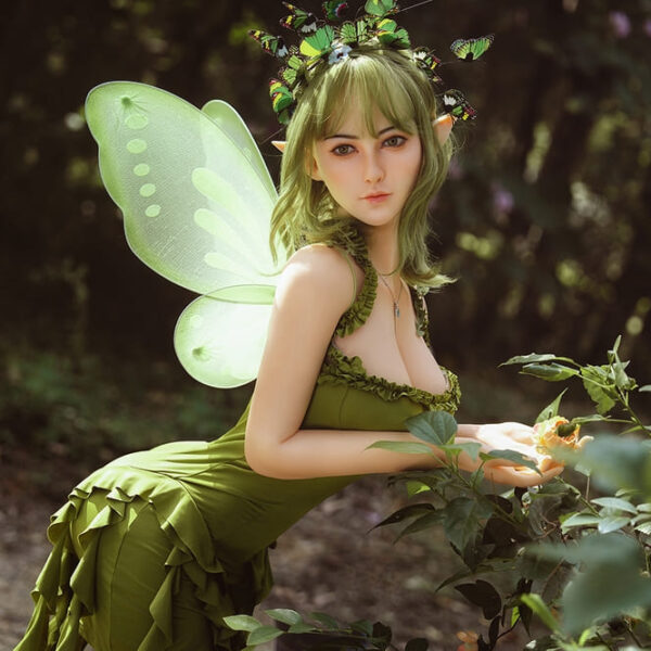 Aelira forest nymph fantasy sex doll with elegant elf beauty and magical enchanted forest styling surrounded by glowing butterflies and cinematic fantasy atmosphere