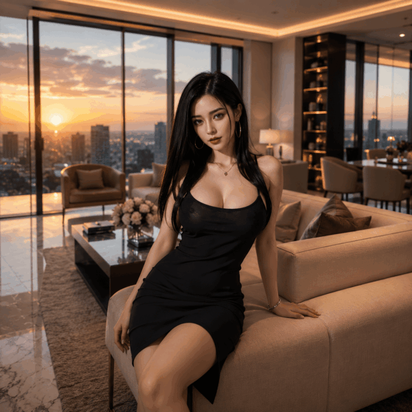 Yuna alluring TPE love doll with long black hair, elegant beauty, and realistic curves in a luxury modern interior