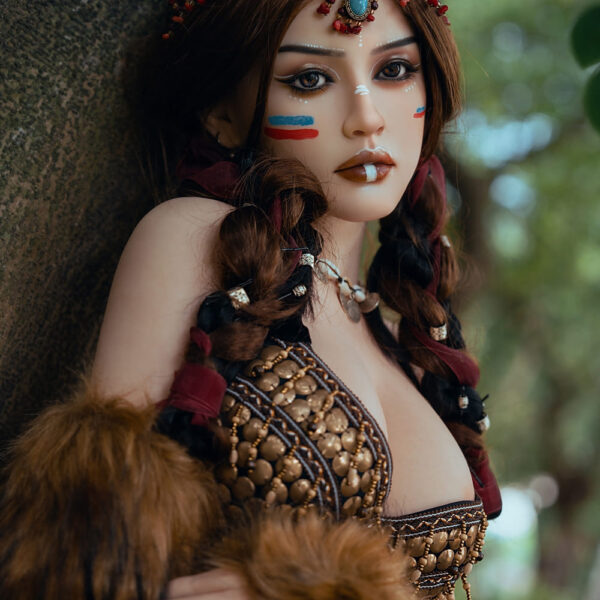 Zafira fantasy love doll with exotic tribal queen styling surrounded by lush jungle scenery, golden temple details, and cinematic tropical fantasy lighting