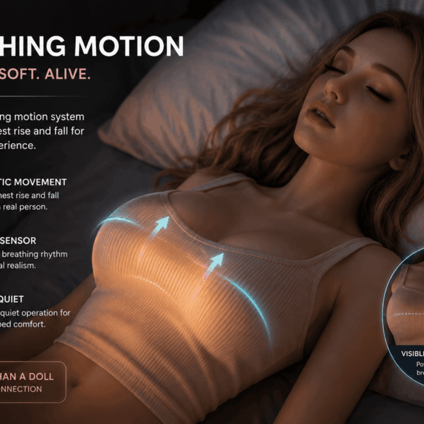 Breathing motion silicone doll with realistic chest movement technology in a luxury bedroom setting