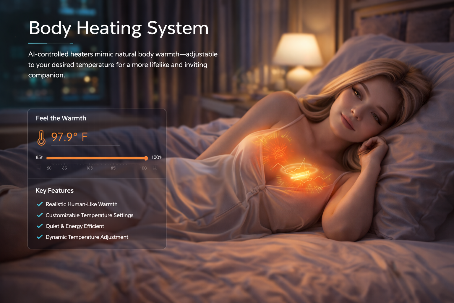 Freya AI companion robot with body heating system in warm night bedroom setting showing human-like warmth