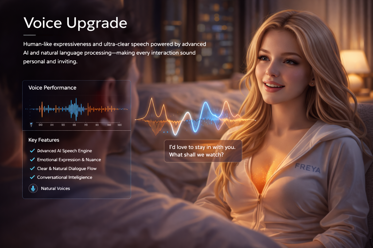 Freya AI companion robot with voice interaction feature speaking naturally in a warm indoor setting