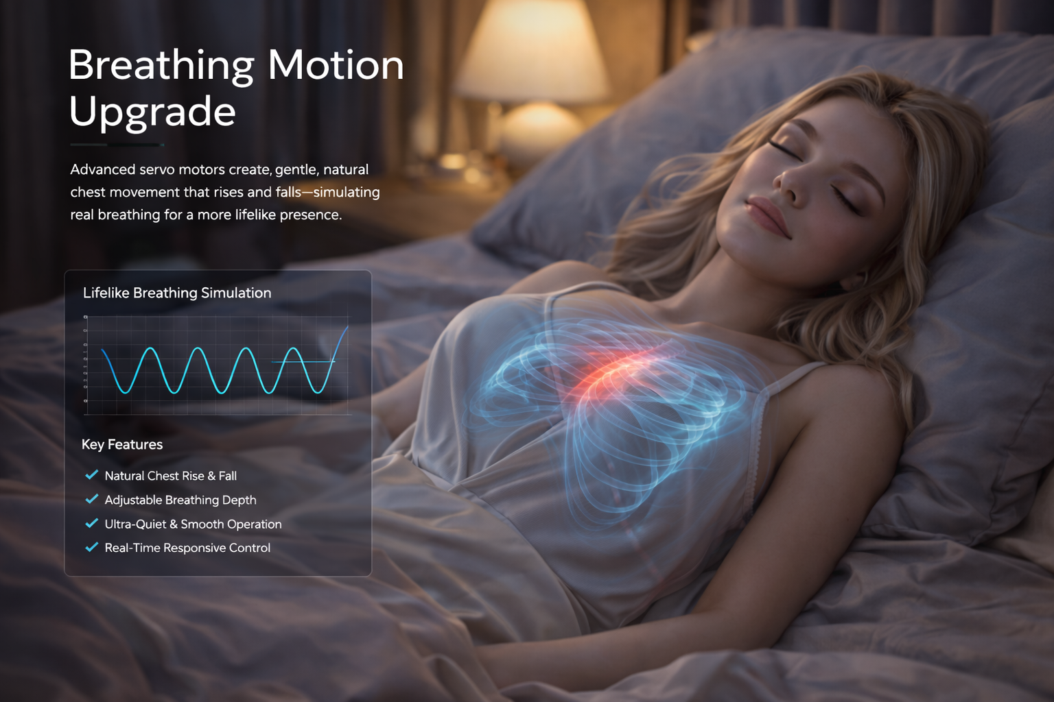 Freya AI companion robot sleeping with breathing motion simulation in soft night setting